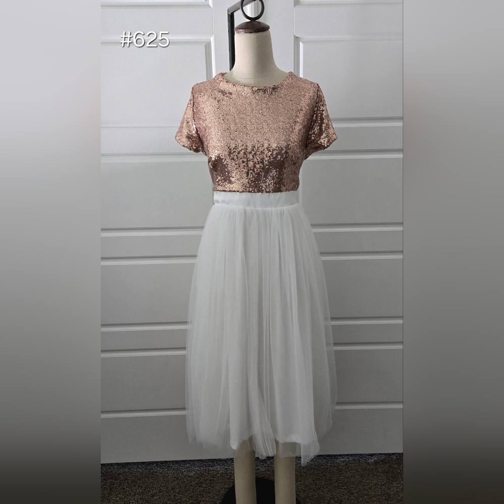 Rosegold Sequins and White Tulle Midi Semi Formal Dress